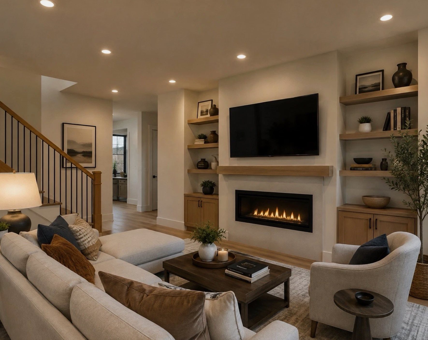 SkyVision television mounted above a modern fireplace
