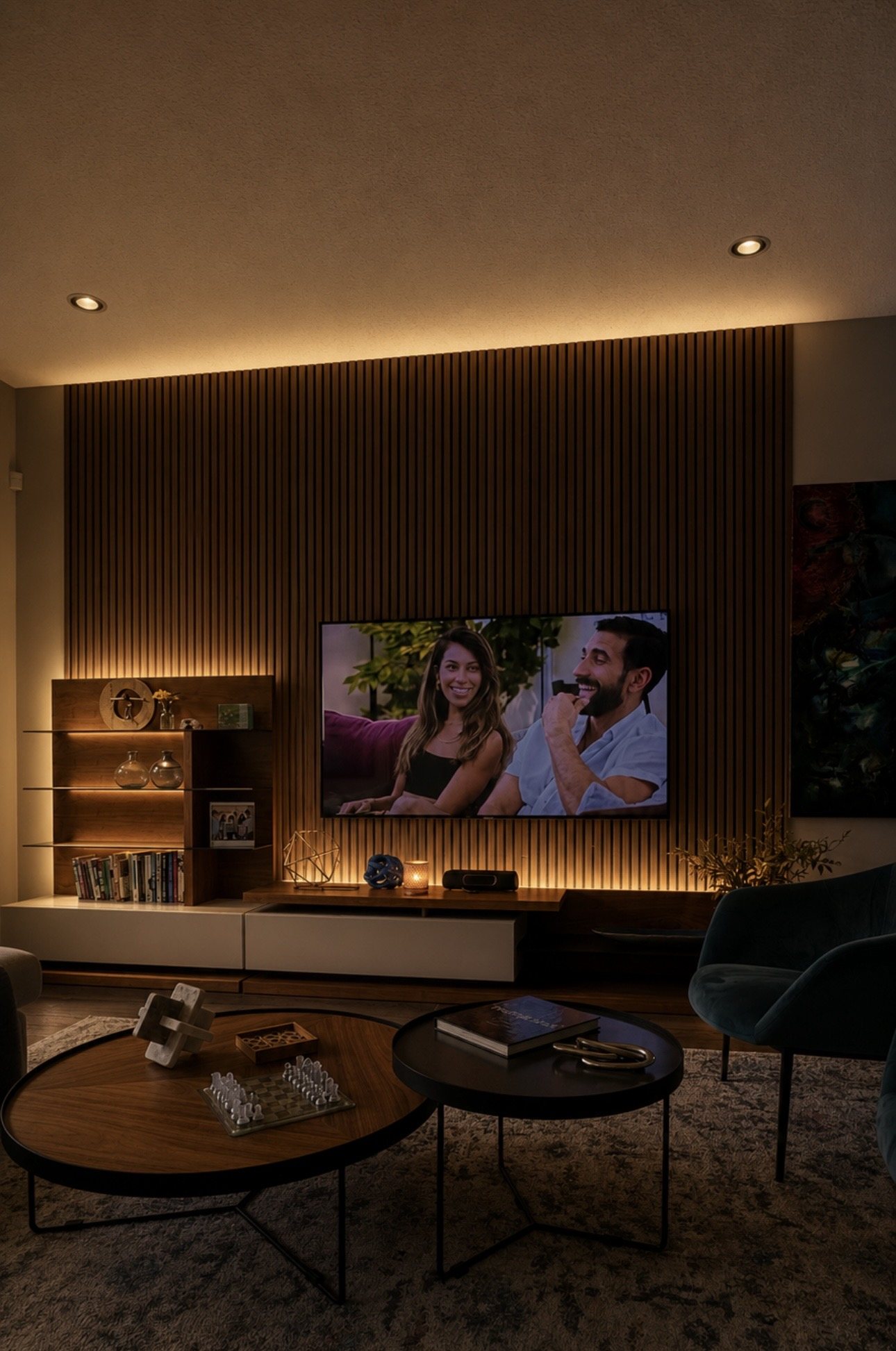 SkyVision TV installation on a dark wood slat feature wall